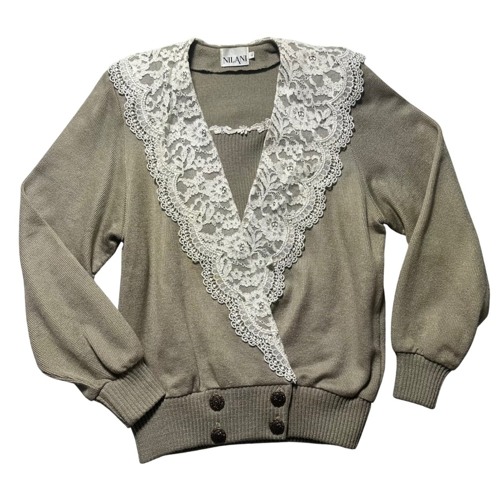 NILANI‎ Women's Taupe Knit Sweater Lace Collar Button Detail Size 10 GrandmaCore